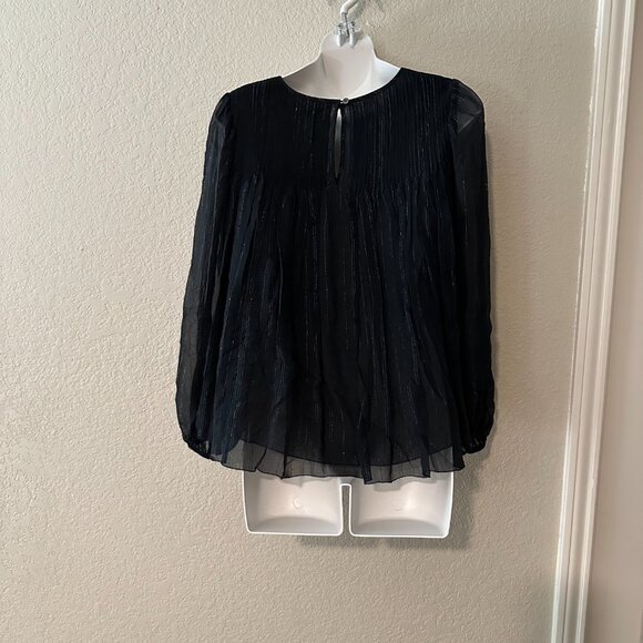 NWT Unsubscribed Chiffon Silk Pintuck Blouse Navy Silver Longsleeve Size 2 - Picture 3 of 5